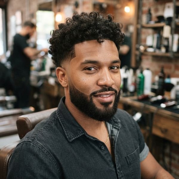 Low Taper Fade with Curly Hair and Beard